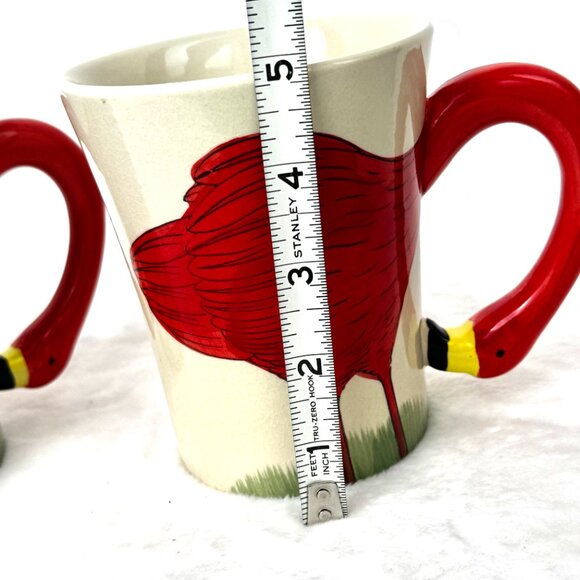 Set 2 Pier 1 Sculpted Fanni Flamingo 3D Red White Coffee Mug Tall 16 oz Hand Pai - Picture 11 of 12